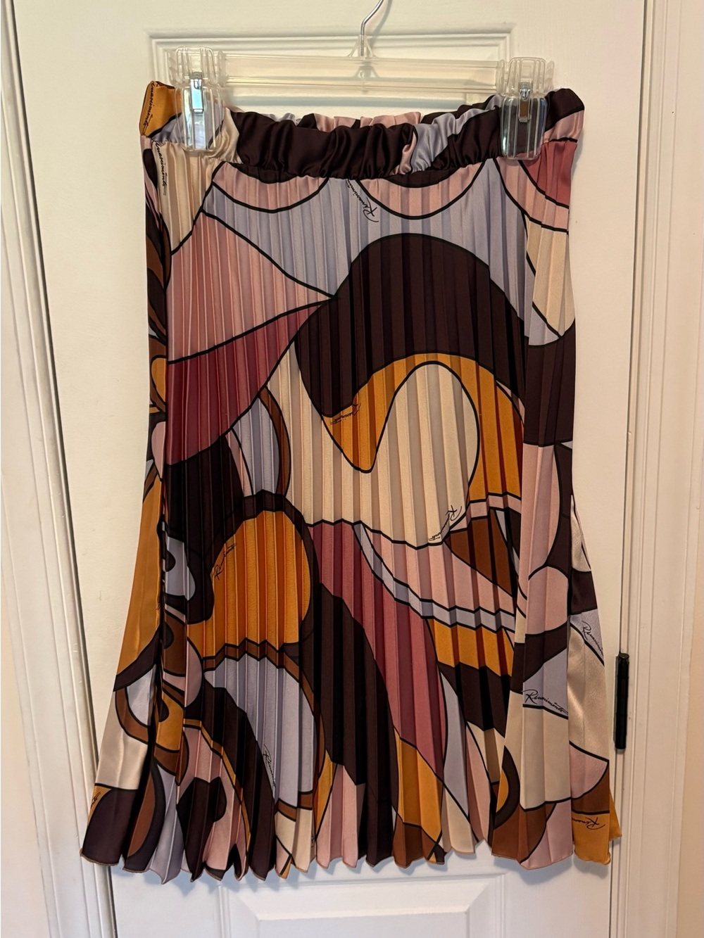Rinascimento Pleated Midi Skirt in Mustard, Pink, Brown and Cream